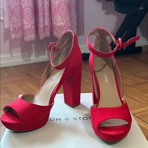 Sun + Stone Vibrant Red Block Heel Sandals